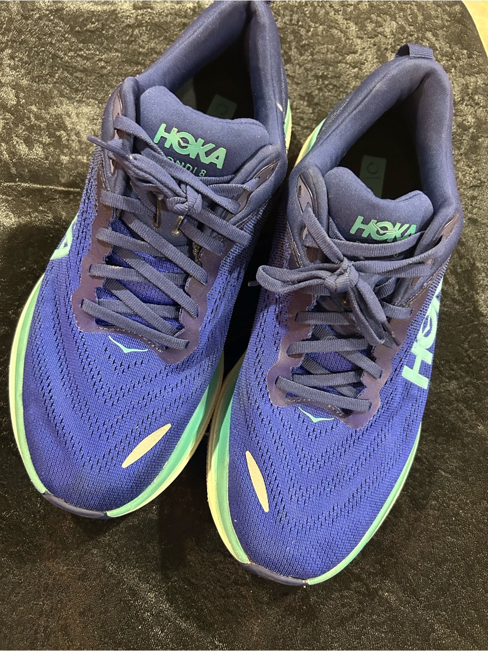Hoka Bondi 8 Shoes in Blue with Mint Insole